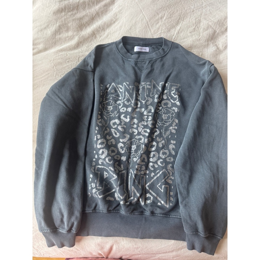 Anine Bing Ramona Sweatshirt Leopard Washed Black Graphic Pullover XS - Picture 2 of 5
